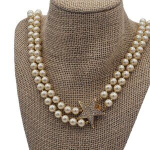 Joan Rivers Pearl Necklace Star Rhinestone Clasp Double Strand Elegant Jewelry
